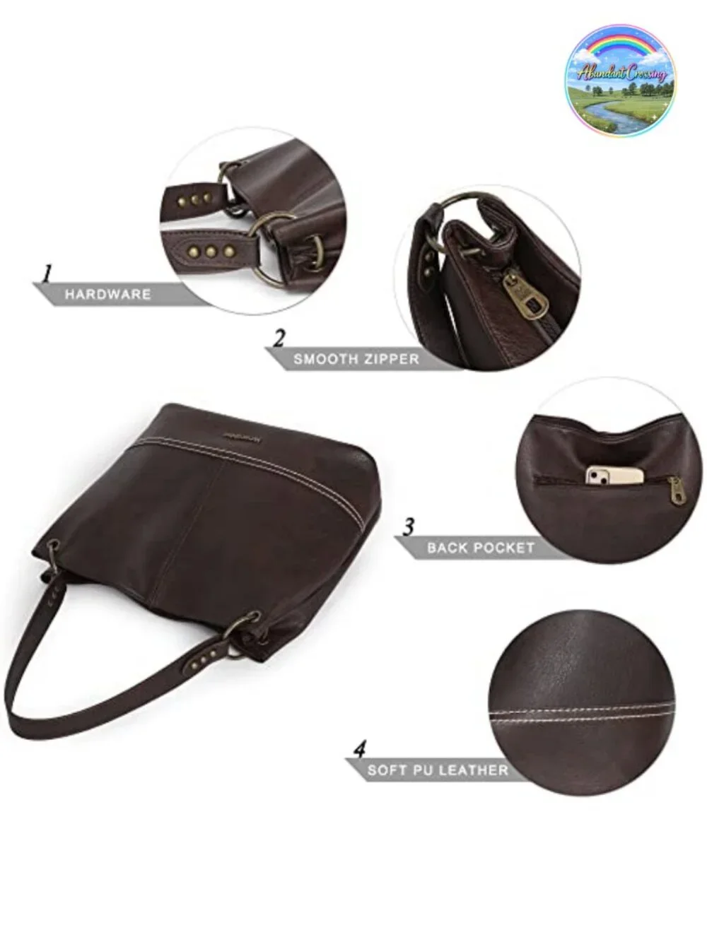 Faux Leather Hobo Shoulder Bag Women Tote Zip Top Anti-Theft Pocket